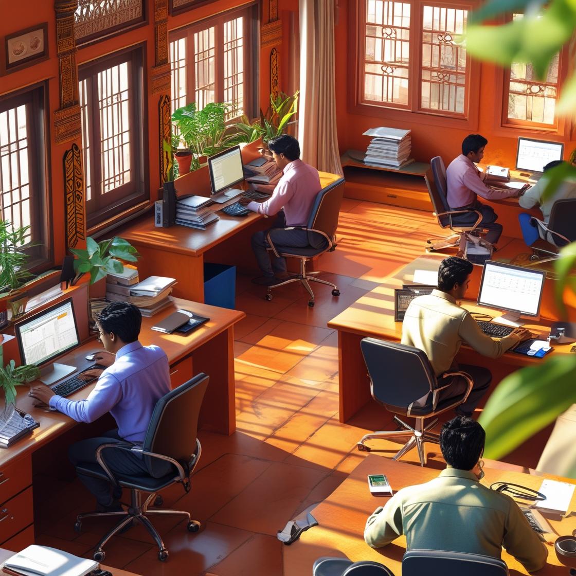Indian Workspace with Indian Offices Indian workers on their computer